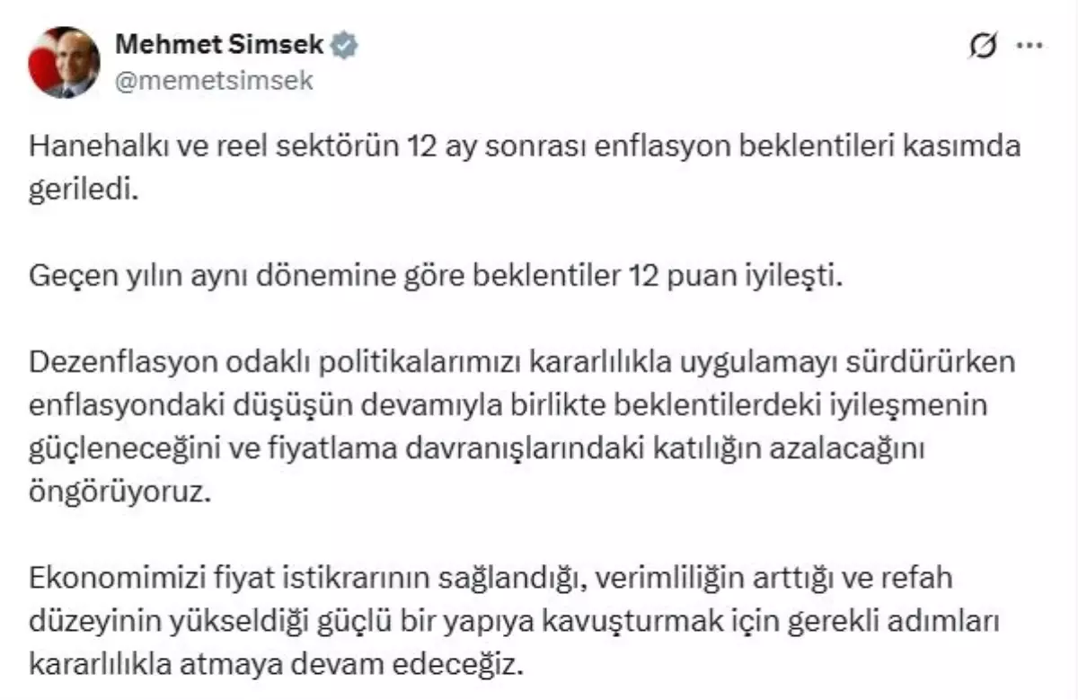 Bakan Şimşek: Dezenflasyon Politikalari ile Enflasyon Beklentileri İyileşiyor