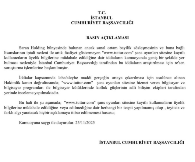Investigation by Istanbul Chief Public Prosecutor's Office on Tuttur
