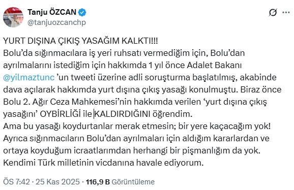 Tanju Özcan's ban on leaving the country has been lifted