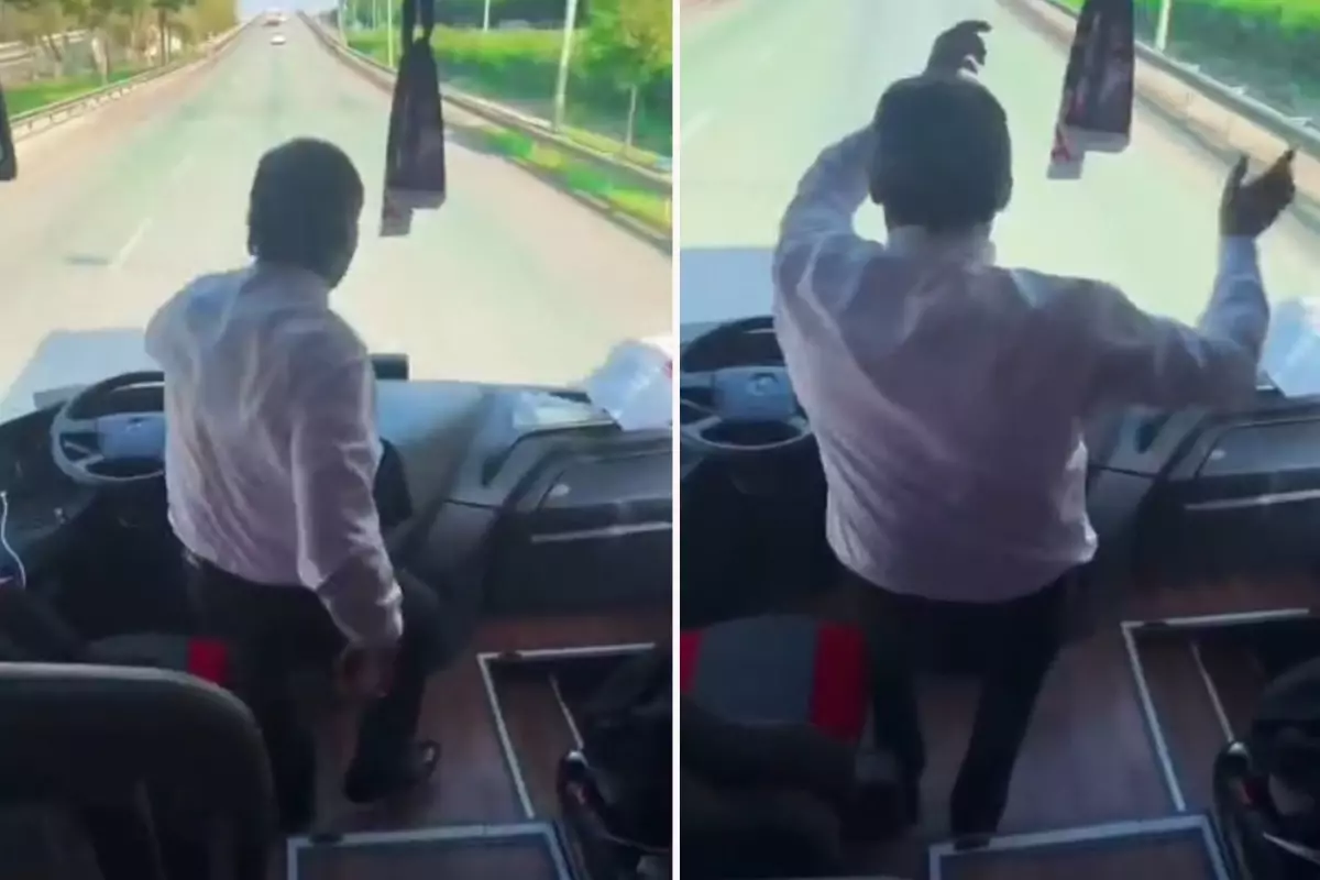 Taraftarları deplasmana götüren şoför araç seyir halindeyken ayağa kalkıp oynadı