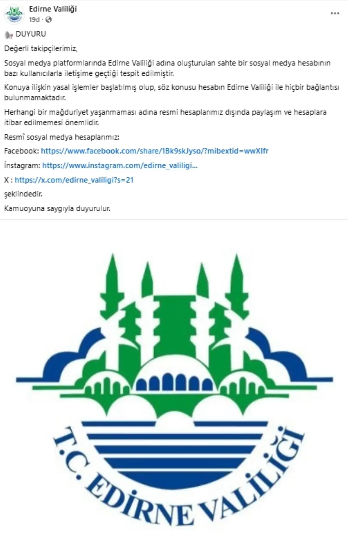 Edirne Valiliği'nden Sahte Hesap Uyarısı