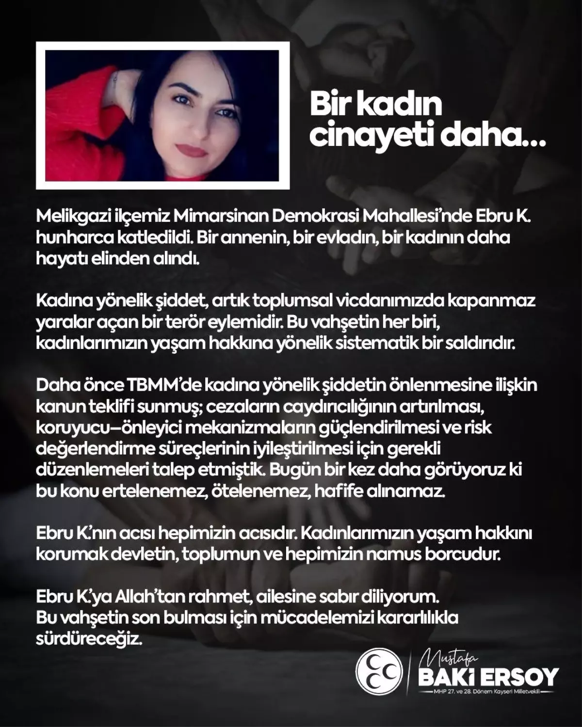 MHP'li Baki Ersoy: Kadın Cinayetlerine Son Verme Mücadelesi Sürecek