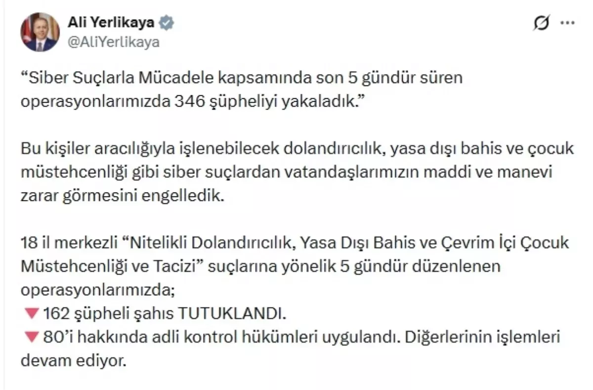 Siber Suçlarla Mücadele: 346 Şüpheli Yakalandı, 162 Tutuklandı