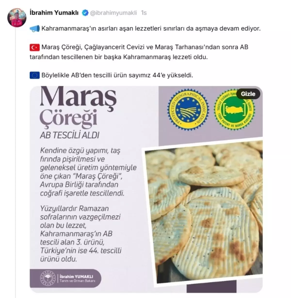 Maraş Çöreği, Avrupa Birliği'nden Coğrafi İşaret Tescili Aldı