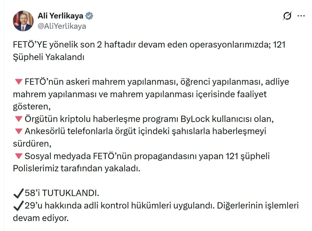 FETÖ'ye Yönelik Operasyon: 121 Şüpheli Yakalandı