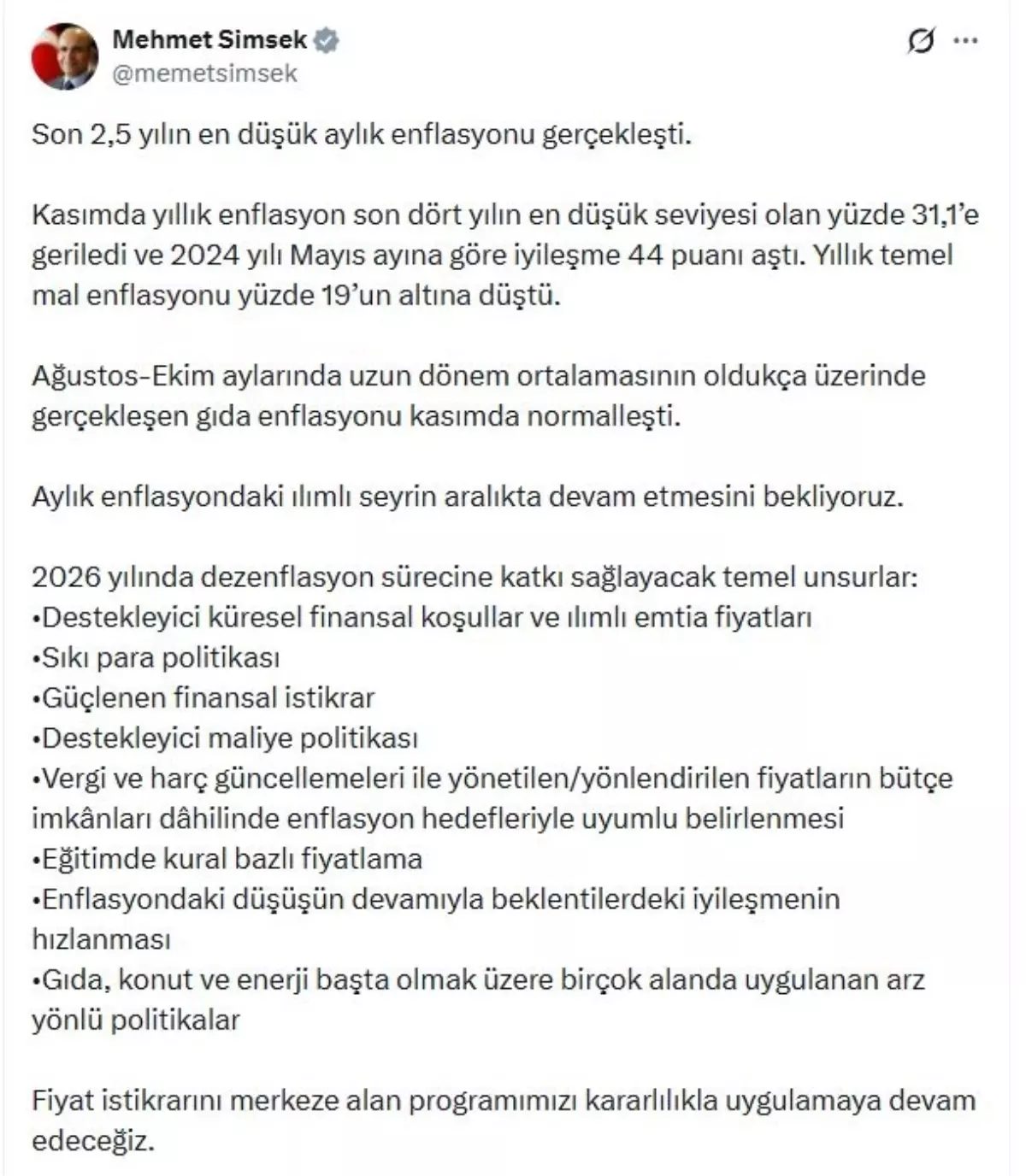 Bakan Şimşek: Son 2,5 yılın en düşük aylık enflasyonu gerçekleşti