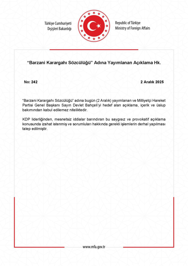 Reaction from the Ministry of Foreign Affairs to Bahçeli regarding 'Barzani Headquarters Spokesperson'