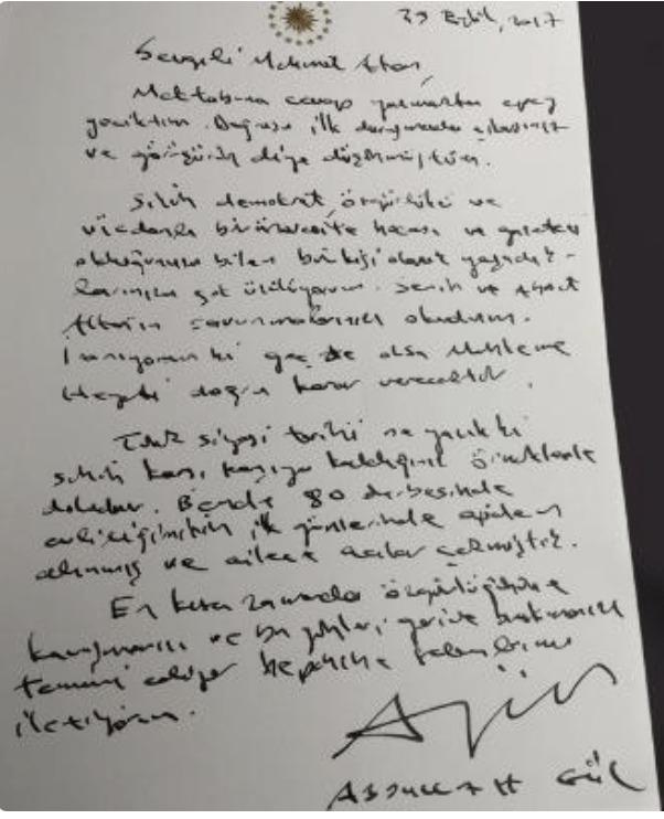 Abdullah Gül's Silivri letter that emerged years later: I wish you to regain your freedom