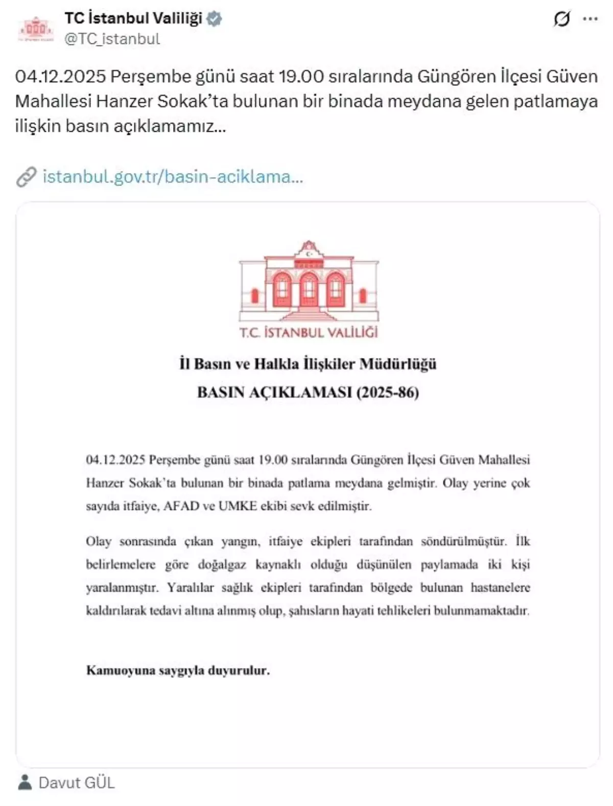 İstanbul Valiliğinden Güngören'deki patlamayla ilgili açıklama: "Doğalgaz kaynaklı olduğu düşünülen patlam...