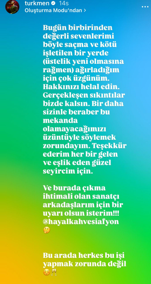 Famous artist Gökhan Türkmen lost his temper: 'I will never perform at that venue again!'