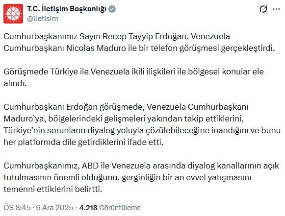 President Erdoğan spoke on the phone with Maduro