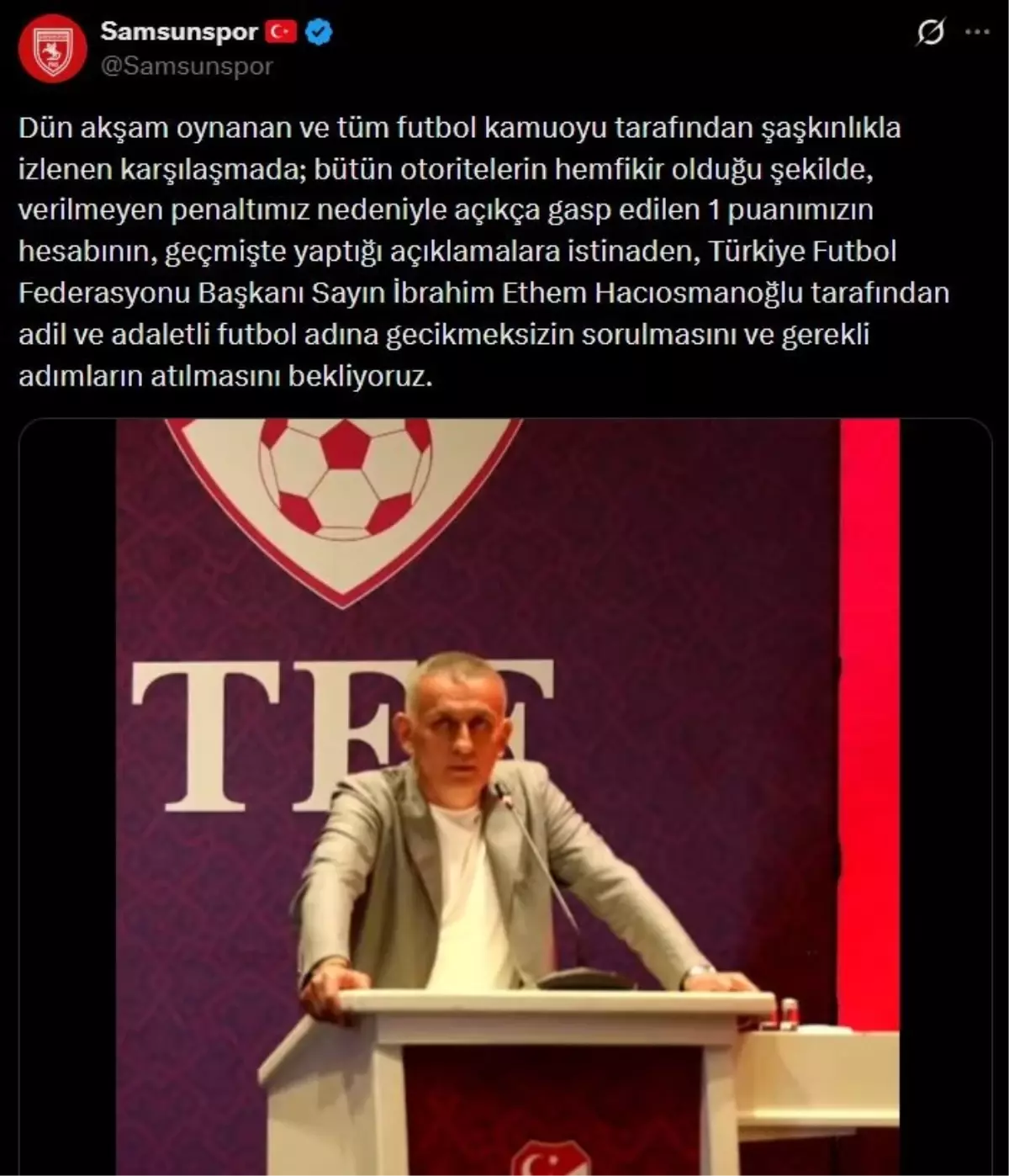 Samsunspor, TFF Başkanı Hacıosmanoğlu'ndan gerekli çalışmaların yapılmasını talep etti