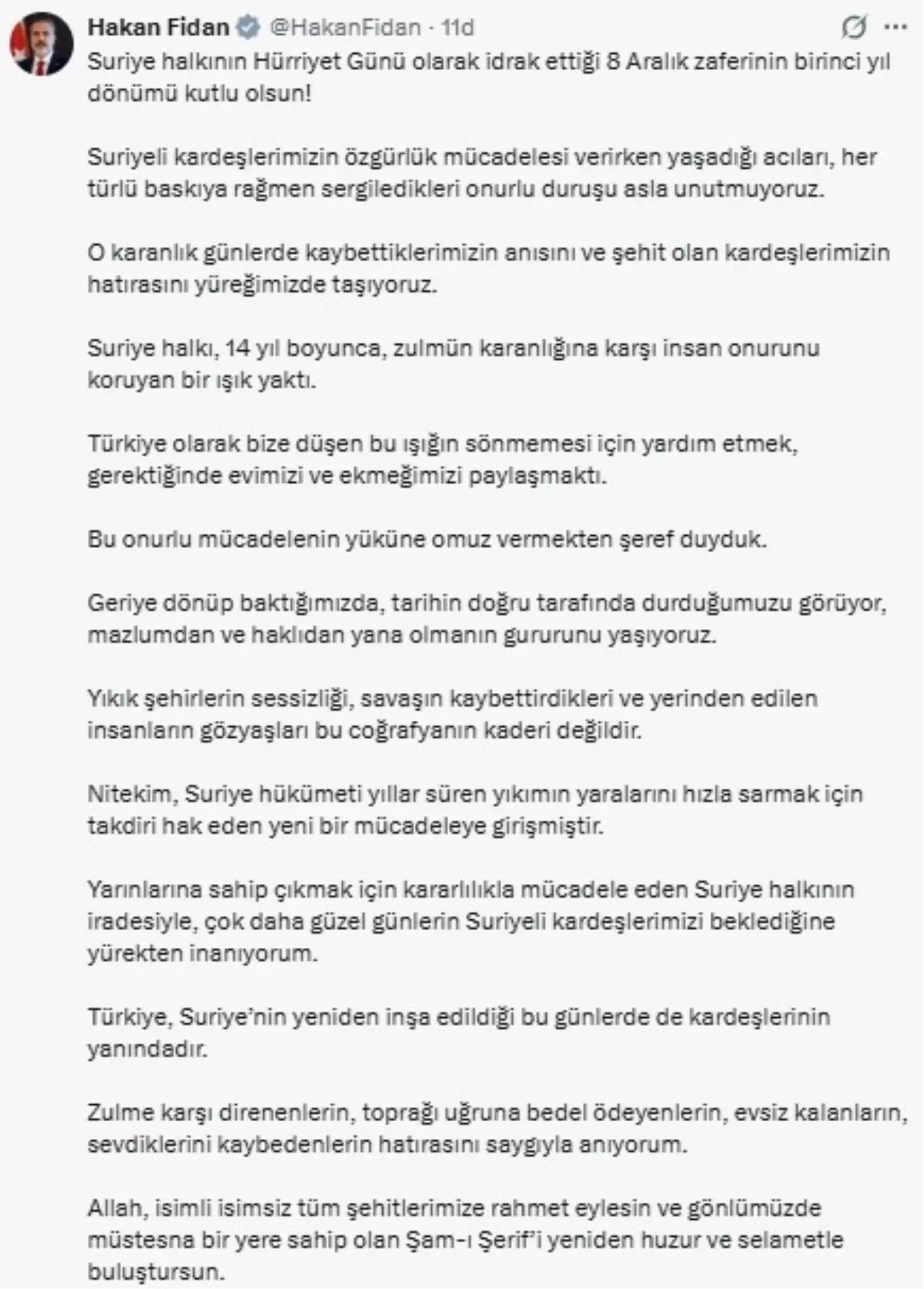 Bakan Fidan: Suriye'nin 8 Aralık zaferinin 1'inci yılı kutlu olsun