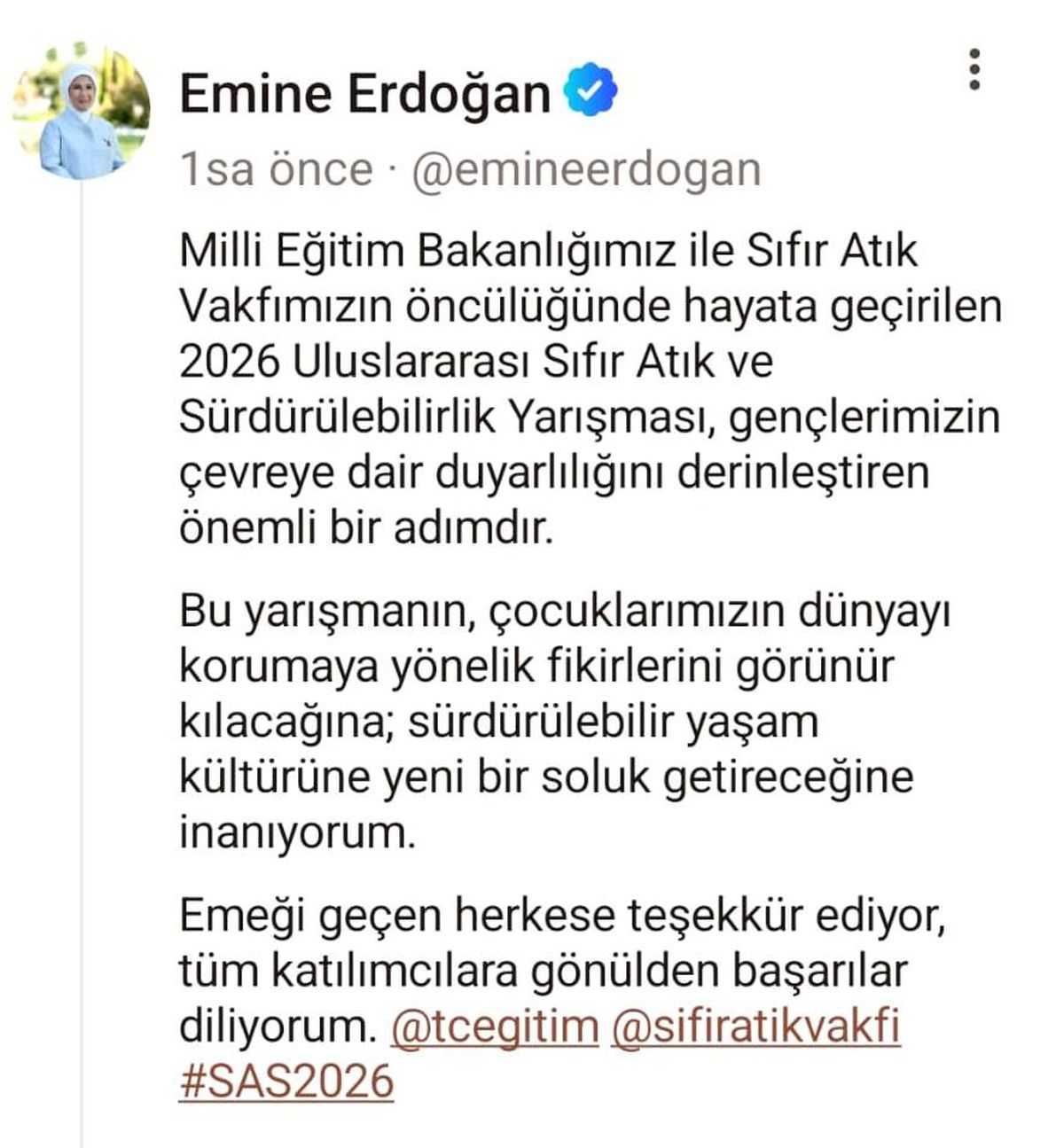 Emine Erdoğan'dan '2026 Uluslararası Sıfır Atık ve Sürdürülebilirlik Yarışması'na ilişkin paylaşım