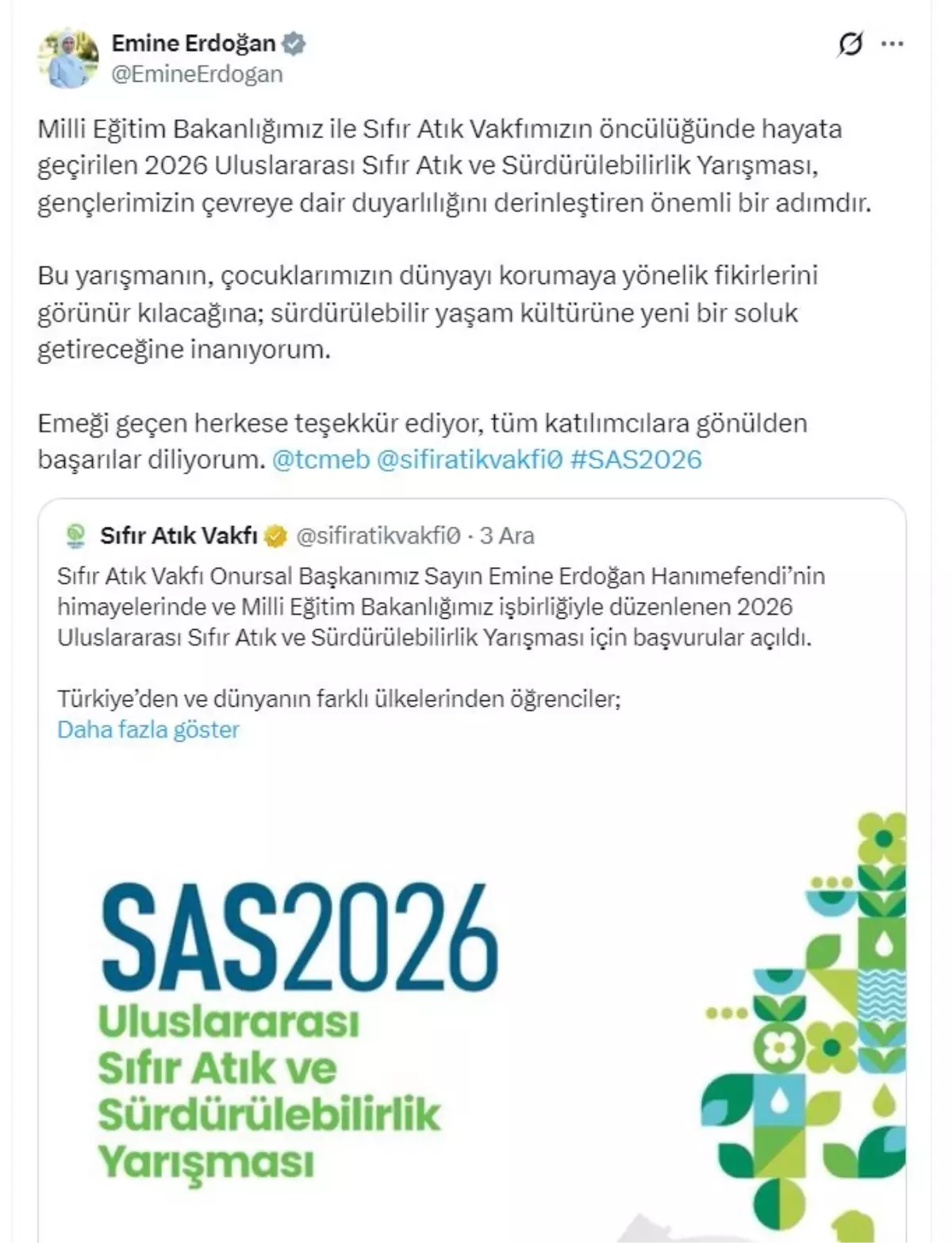 Emine Erdoğan: Gençlerimizin çevreye duyarlılığını derinleştiren bir adım