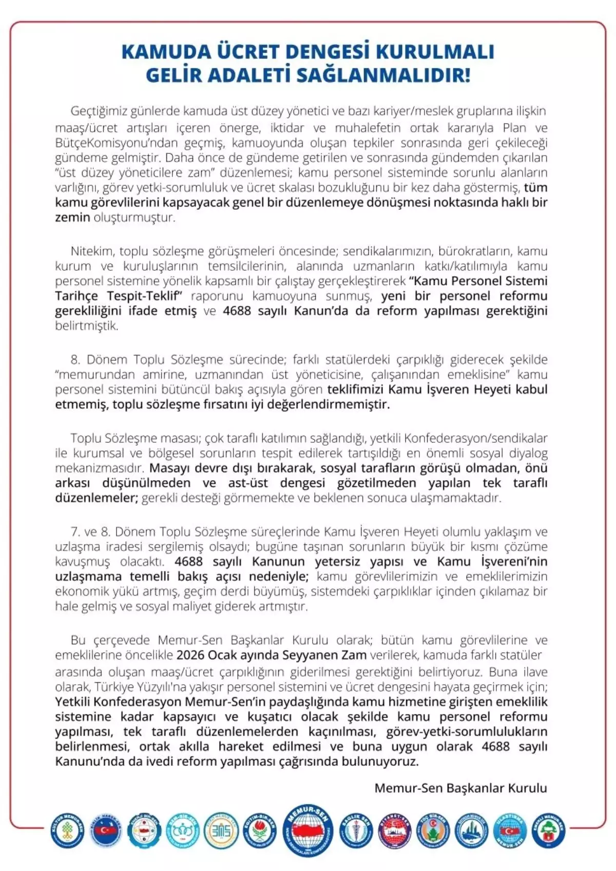 Memur-Sen Başkanlar Kurulu: 'Türkiye Yüzyılı'na yakışır, 4688 sayılı Kanunu'nda ivedi reform yapılması çağrısında bulunuyoruz'