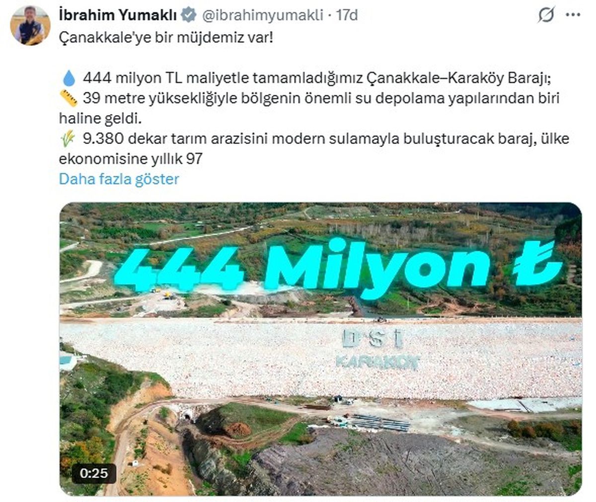 Bakan Yumaklı: Çanakkale-Karaköy Barajı, yıllık 97 milyon TL katkı sağlayacak