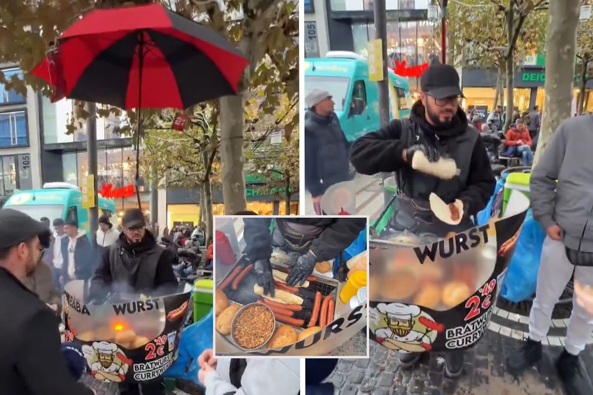 Frankfurt'ta mobil sosisli satıcısı viral oldu: Taşınabilir ızgarası ve dev şemsiyesiyle dikkat çekti