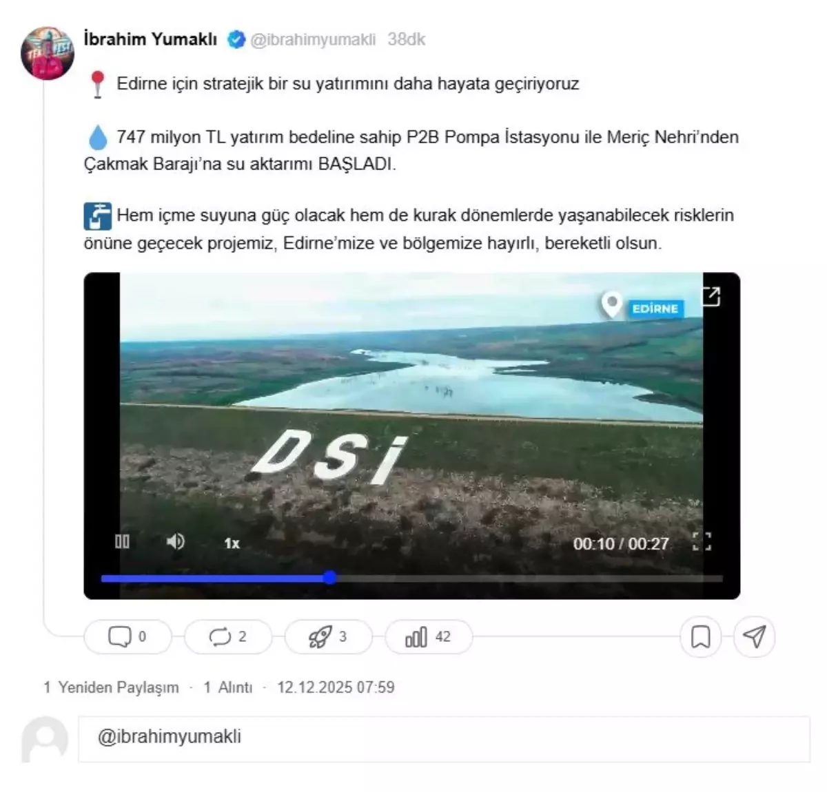 Edirne'ye stratejik su yatırımı: P2B Pompa İstasyonu hizmete girdi