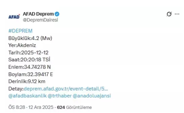 Mersin deprem mi oldu? 12 Aralık Cuma Mersin deprem şiddeti kaç?