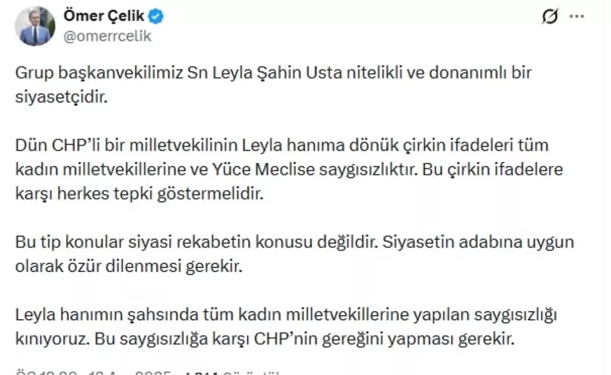 AK Parti Sözcüsü Çelik: CHP'li milletvekilinin Leyla Şahin Usta'ya yönelik çirkin ifadeleri tüm kadın milletvekillerine saygısızlıktır