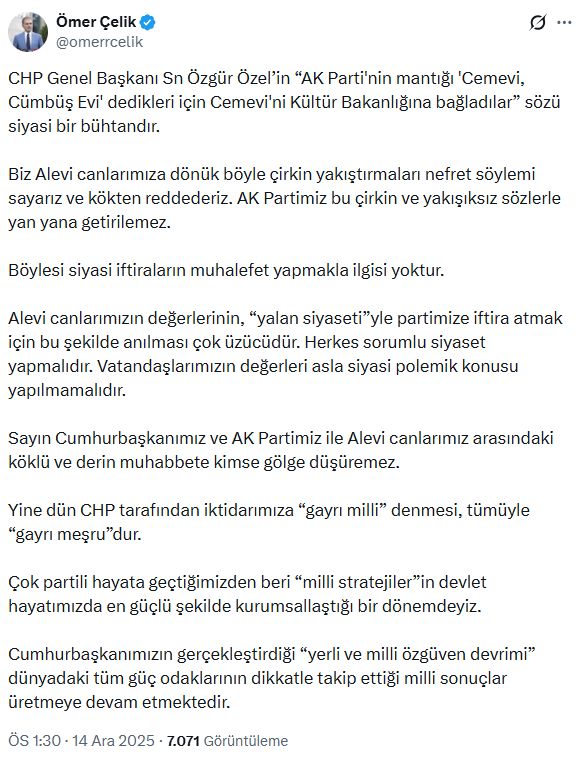 AK Parti'den Özel'in 'cemevi' çıkışına sert tepki: Bu yakıştırmayı nefret söylemi sayarız AK Parti'den Özel'in 'cemevi' çıkışına sert tepki: Bu yakıştırmayı nefret söylemi sayarız