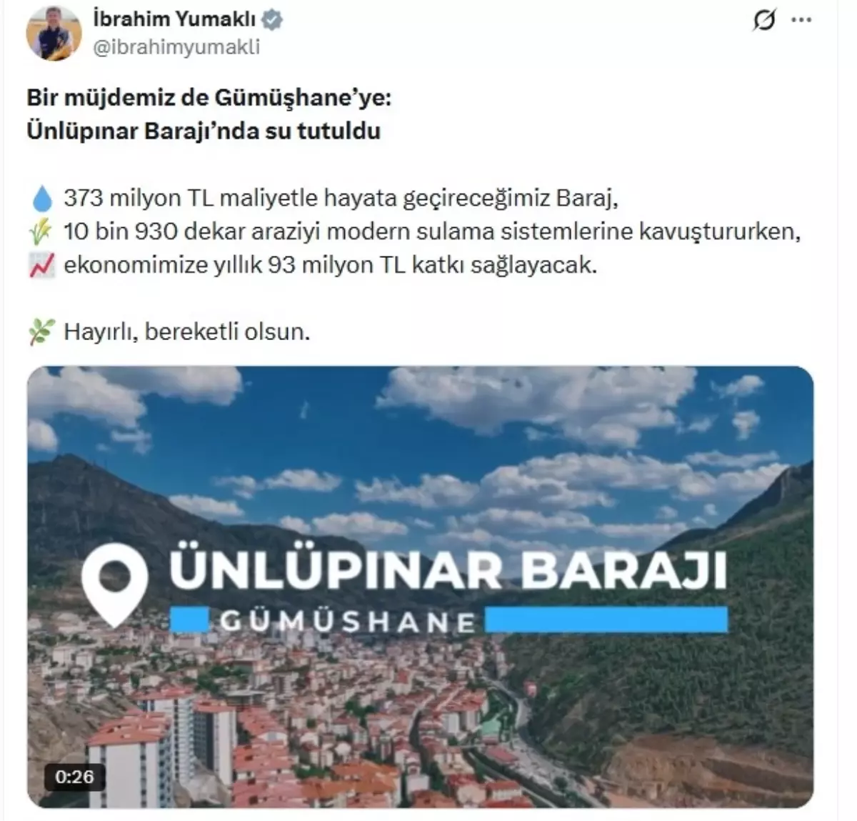 Bakan Yumaklı: Ünlüpınar Barajı ve Yelpınar Göleti'nde su tutulmaya başlandı