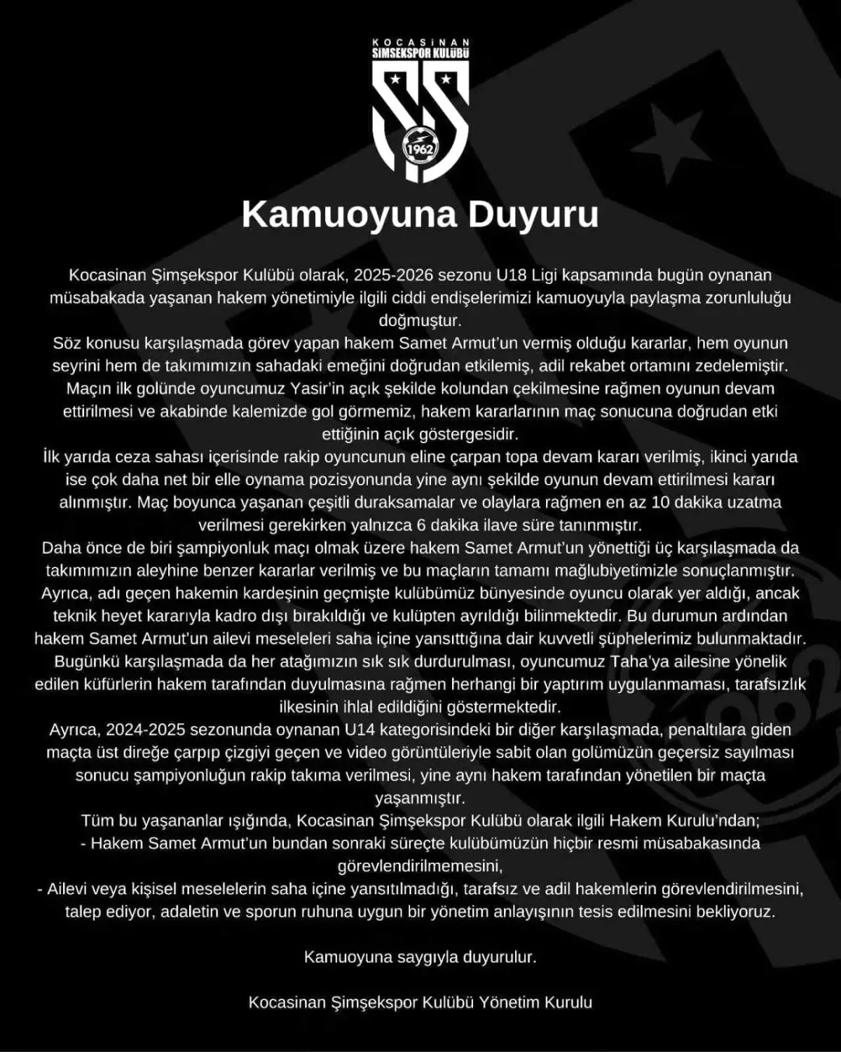 Kocasinan Şimşekspor'dan sert açıklama: 'Bu hakemi maçlarımıza istemiyoruz'