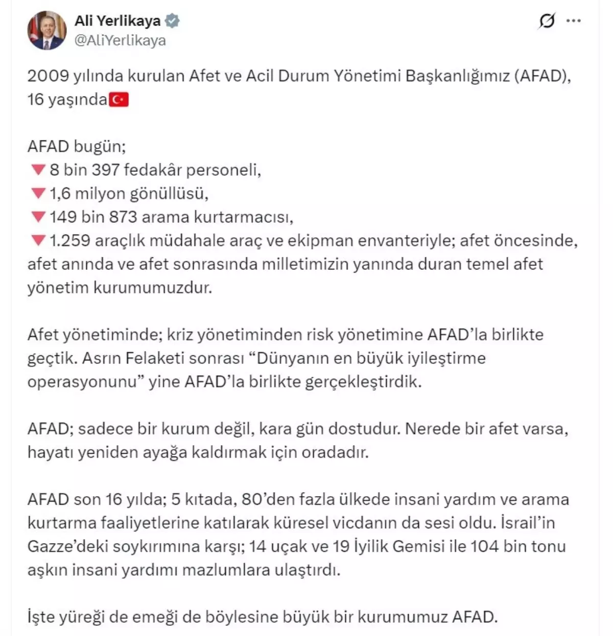 Bakan Yerlikaya: AFAD, Gazze'ye 104 bin tonu aşkın insani yardım ulaştırdı