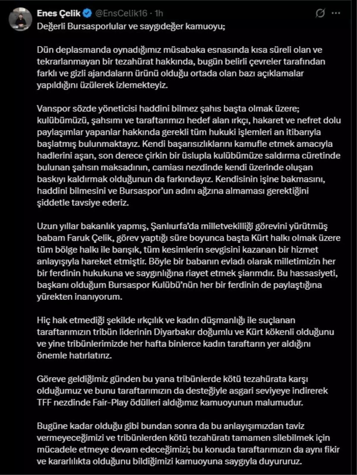 Bursaspor Başkanı Çelik'ten tezahürat tartışmalarına açıklama