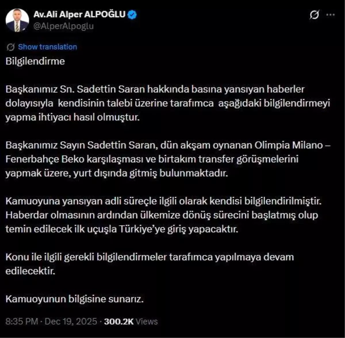 Avukat Ali Alper Alpoğlu'ndan Başkan Saran açıklaması