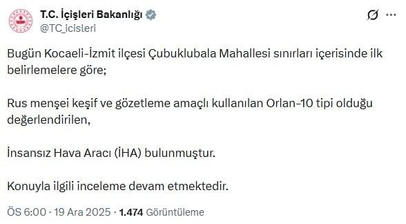 Ministry of Interior: The UAV found in İzmit belongs to Russia