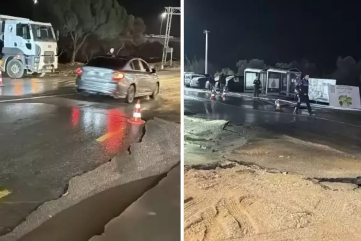 Bodrum'da ana su isale hattı patladı, asfalt çöktü