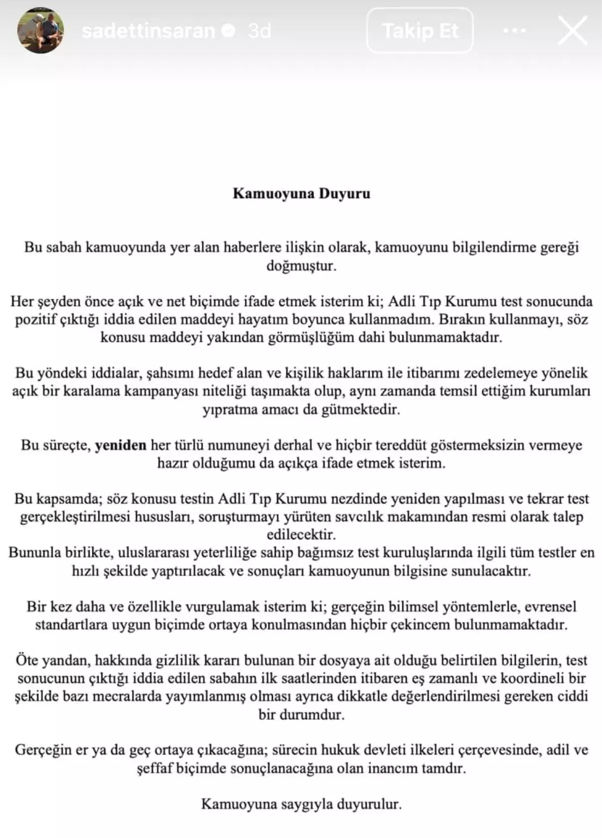 Sadettin Saran: 'Test sonucunda pozitif çıktığı iddia edilen maddeyi hayatım boyunca kullanmadım'
