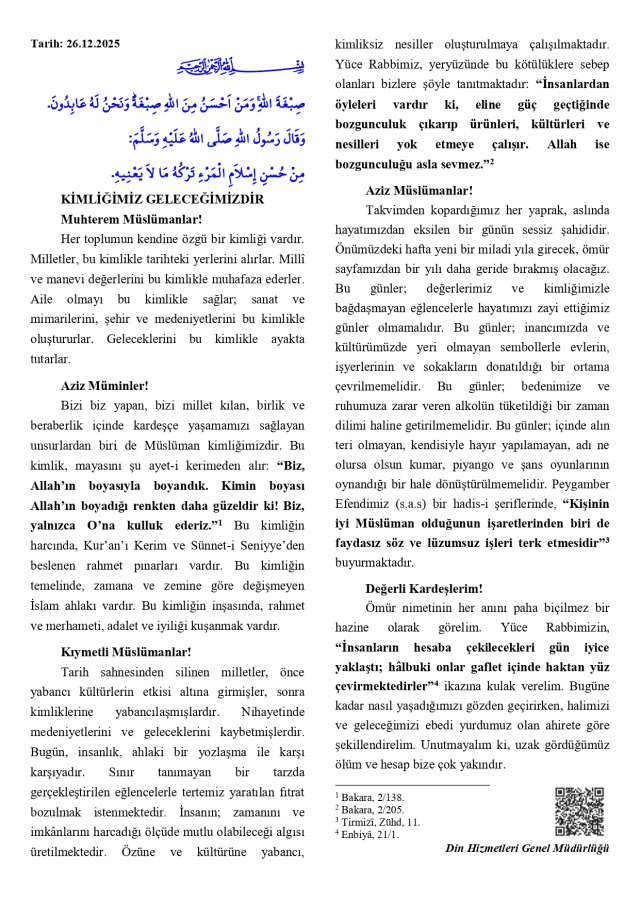 26 Aralık Cuma Hutbesi yayınlandı mı? 26 Aralık Cuma Hutbesi tam metni!