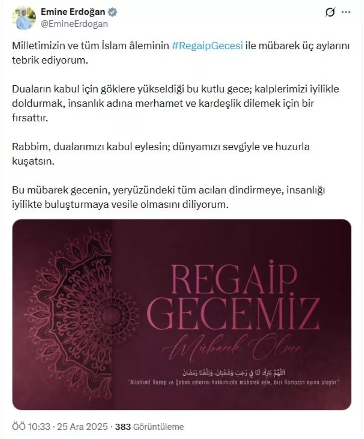 Emine Erdoğan'dan Regaip Gecesi Mesajı