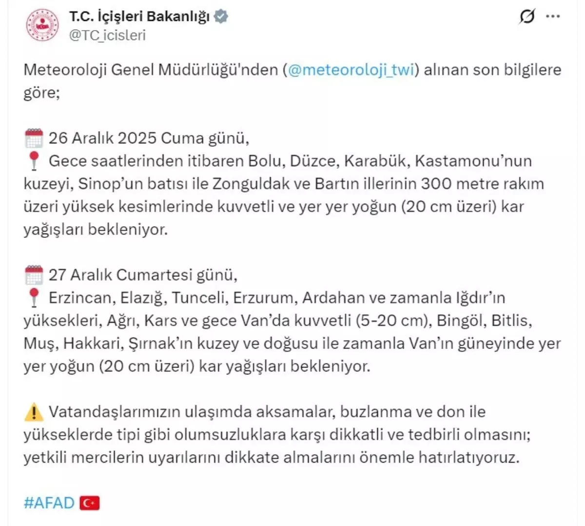 Bakanlıktan 22 il için 'yoğun kar' uyarısı