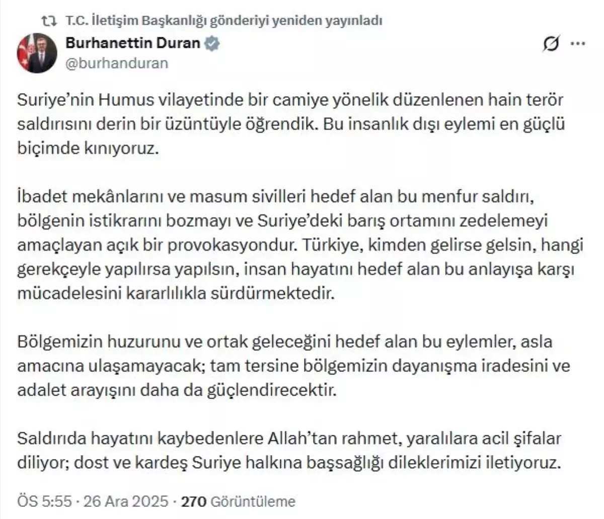 İletişim Başkanı Duran, Suriye'deki terör saldırısını kınadı