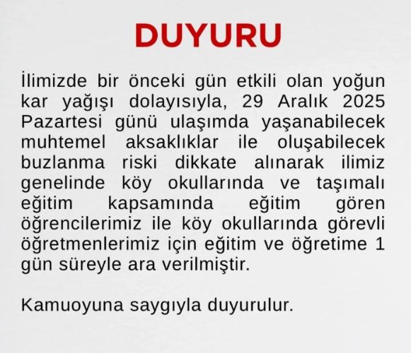 Ağrı okullar tatil mi? 29 Aralık Pazartesi yarın Ağrı'da okul yok mu (KAR TATİLİ – AĞRI VALİLİĞİ)?