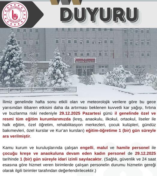 Bartın okullar tatil mi? 29 Aralık Pazartesi yarın Bartın'da okul yok mu (KAR TATİLİ – BARTIN VALİLİĞİ)?
