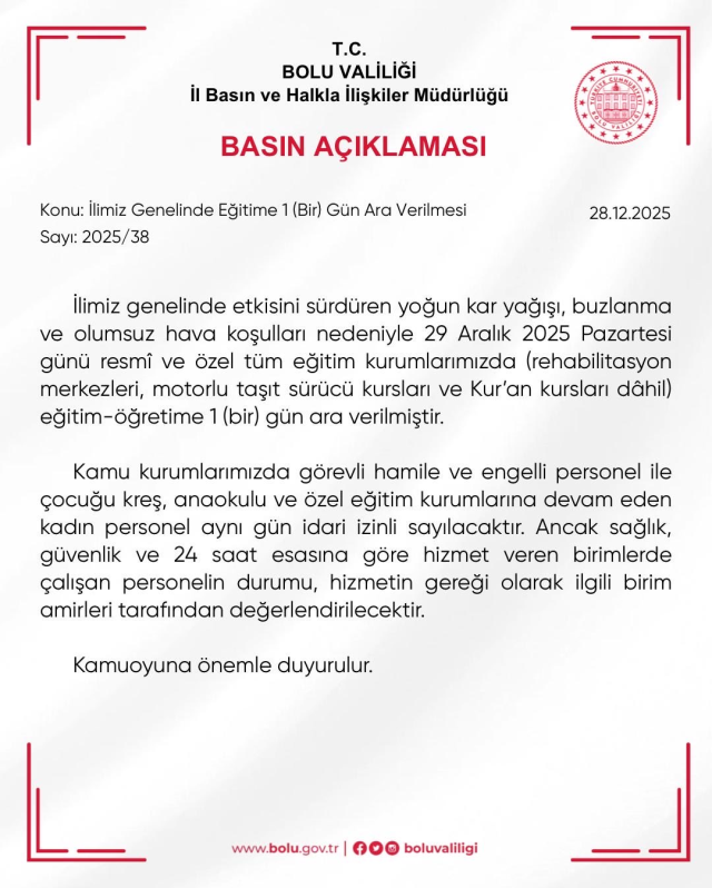 Bolu okullar tatil mi? 29 Aralık Pazartesi yarın Bolu'da okul yok mu (KAR TATİLİ)?