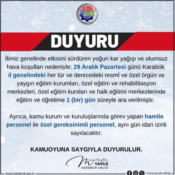 Karabük okullar tatil mi? 29 Aralık Pazartesi yarın Karabük'te okul yok mu (KAR TATİLİ)?