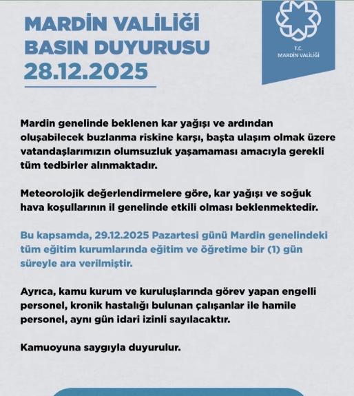 Mardin okullar tatil mi? 29 Aralık Pazartesi yarın Mardin'de okul yok mu (KAR TATİLİ – MARDİN VALİLİĞİ)?