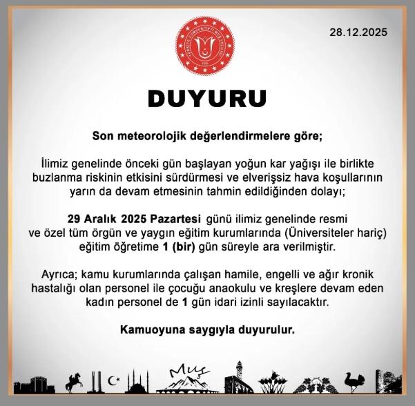 Muş okullar tatil mi? 29 Aralık Pazartesi yarın Muş'ta okul yok mu (KAR TATİLİ – MUŞ VALİLİĞİ)? Muş okullar tatil mi? 29 Aralık Pazartesi yarın Muş'ta okul yok mu (KAR TATİLİ – MUŞ VALİLİĞİ)?