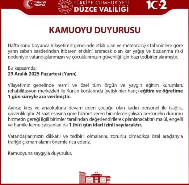 Yarın okullar tatil mi, 29 Aralık Pazartesi okul yok mu (KAR TATİLİ)?