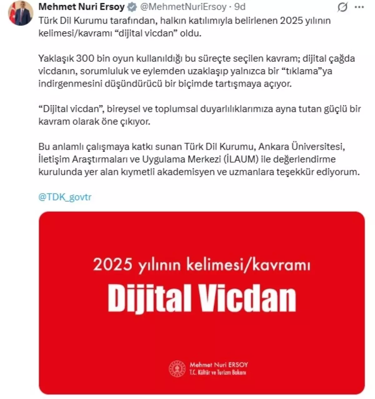 Bakan Ersoy: 2025 yılının kelimesi 'dijital vicdan' oldu