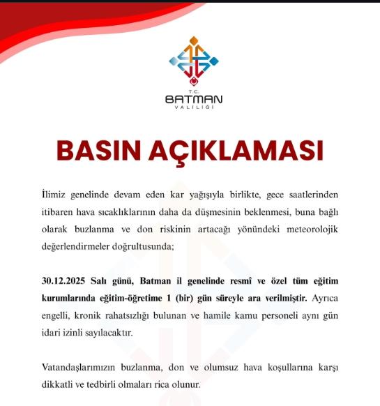 Batman okullar tatil mi? 30 Aralık Salı Batman'da okul yok mu (KAR TATİLİ – Batman VALİLİĞİ)?
