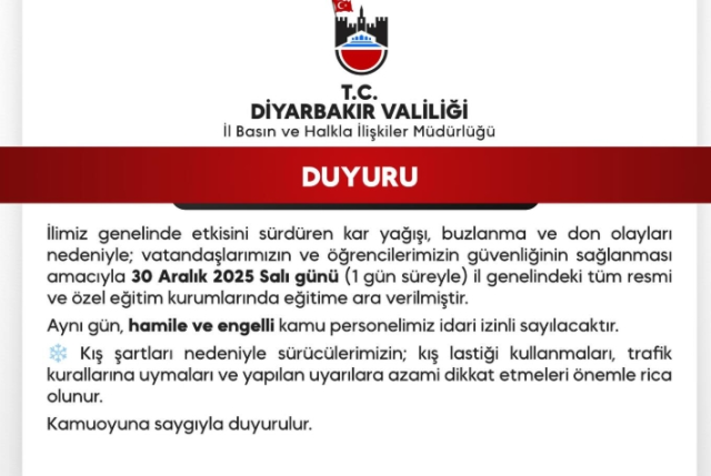 Diyarbakır okullar tatil mi? 30 Aralık Salı Diyarbakır'da okul yok mu (DİYARBAKIR VALİLİĞİ - KAR TATİLİ)? Diyarbakır okullar tatil mi? 30 Aralık Salı Diyarbakır'da okul yok mu (DİYARBAKIR VALİLİĞİ - KAR TATİLİ)?