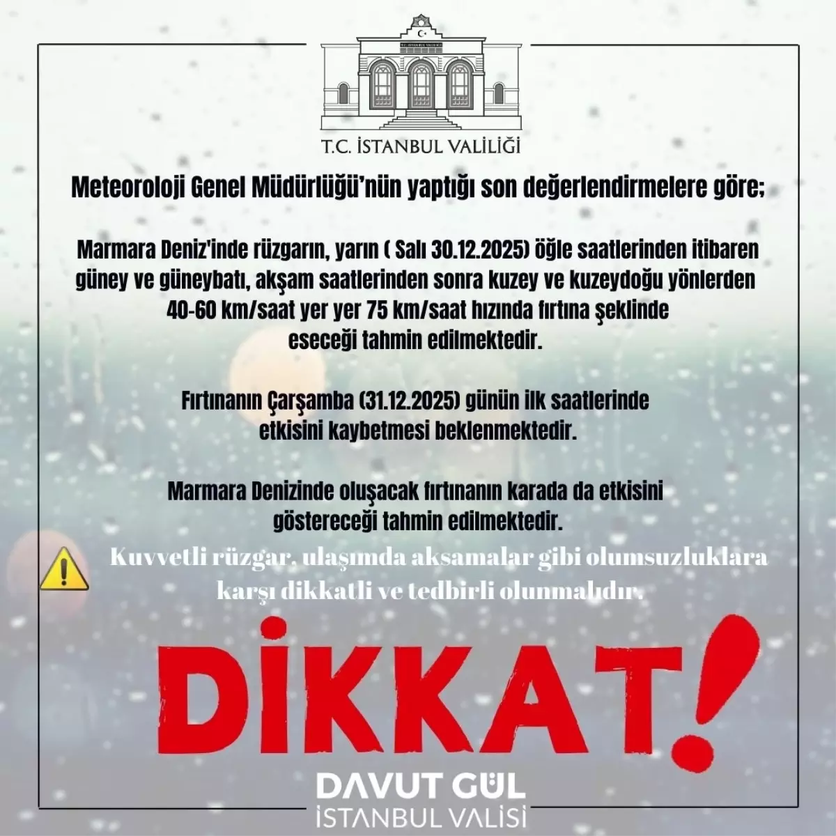 İstanbul Valiliği'nden fırtına uyarısı