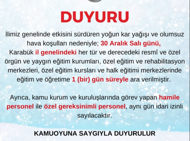 Karabük okullar tatil mi? 30 Aralık Salı Karabük'te okul yok mu (KAR TATİLİ – KARABÜK VALİLİĞİ)?